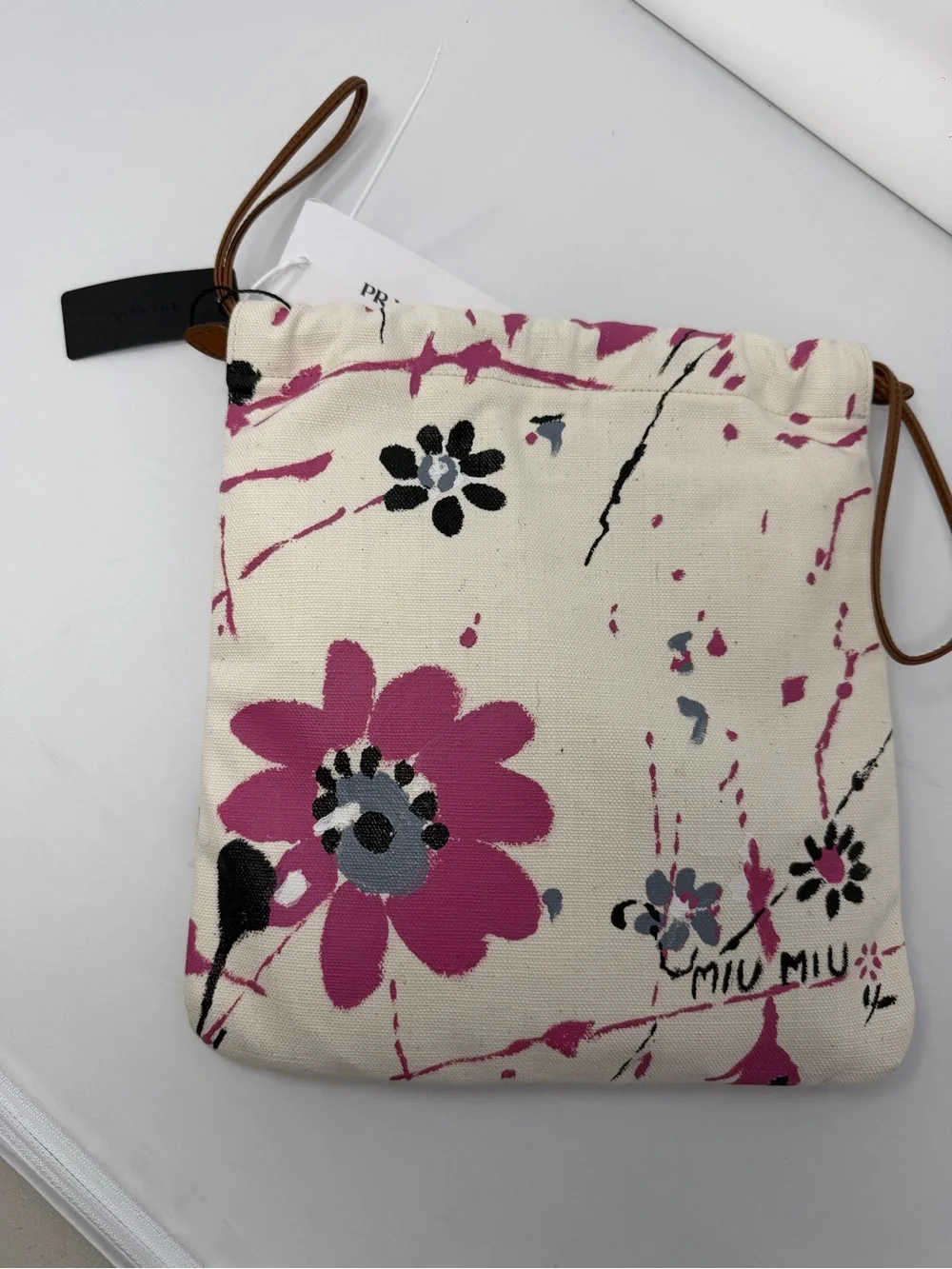 Mui Mui Hand Painted Canapa Painted Kinchaku bag.